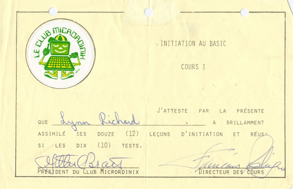 Certificat de completion du cours Initiation au BASIC I du club Micrordinix pour Lynn Richard (c. 1981)